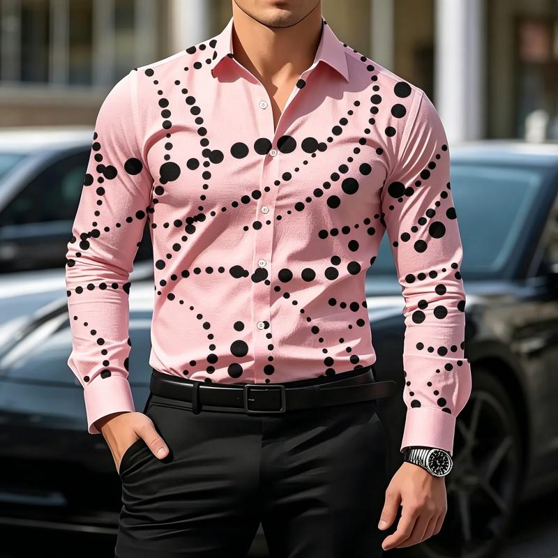 Men's Geometric Polka Dot Print Long Sleeve Shirt Slim Fit Casual Tops