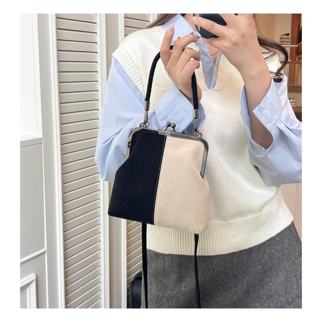 Imitation Suede Women's Retro Crossbody Bag, Elegant Contrasting Color Kiss Lock Shoulder Bag, Detachable Shoulder Strap Small Handbag, Daily Handbag