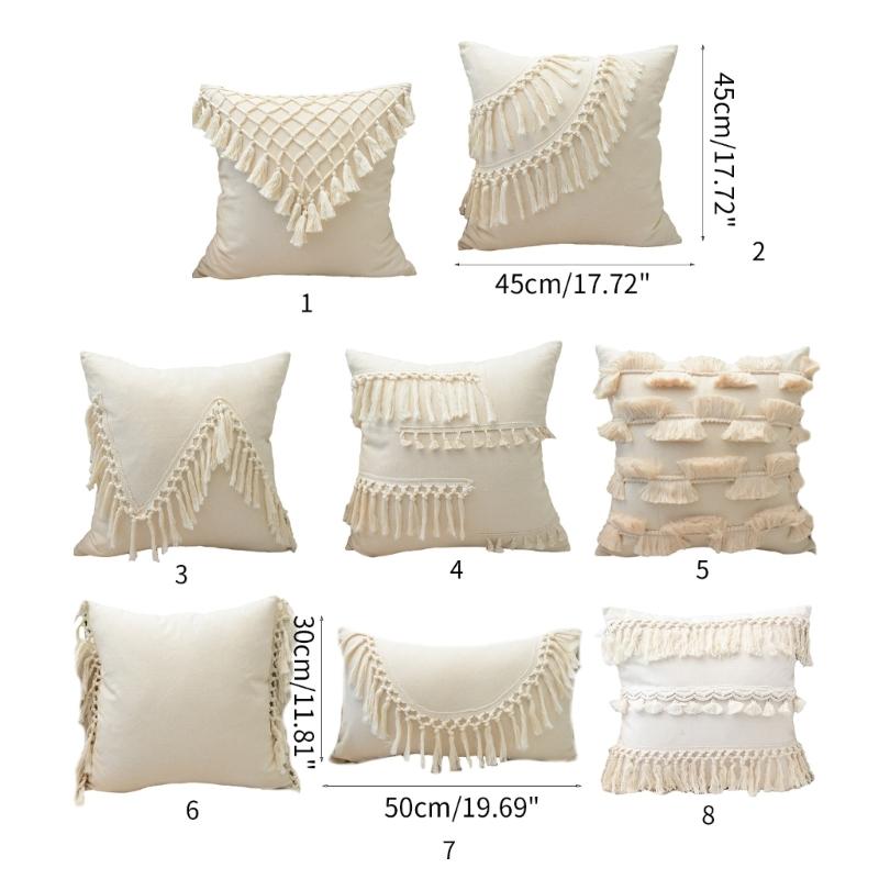 Soft Cotton-ramie Pillow Covers, European Style With Tassels Cushion Cover Shell for Sofa Bedroom Cream Beige Stylish