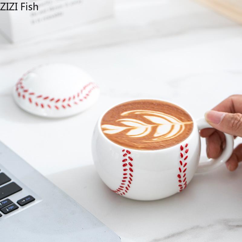 Creative Baseball Shape Mug Ceramic Cups with Lid Dining Table Coffee Mugs Afternoon Tea Teacup Water Cup Fruits Juice Container