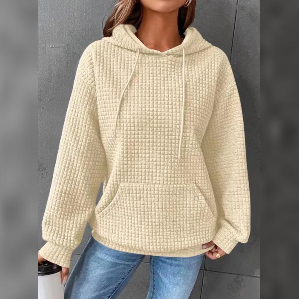 Women Hoodie Plaid Round Neck Pocket Pullover Long Sleeve Solid Color Jacket