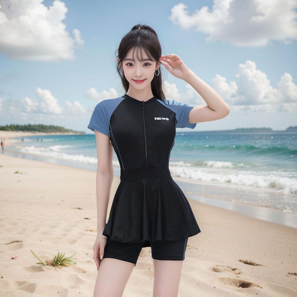 Korean Style Color Block Slimming One-Piece Skirt Swimsuit for Women - Sporty, Conservative, Beach Vacation Cover-up