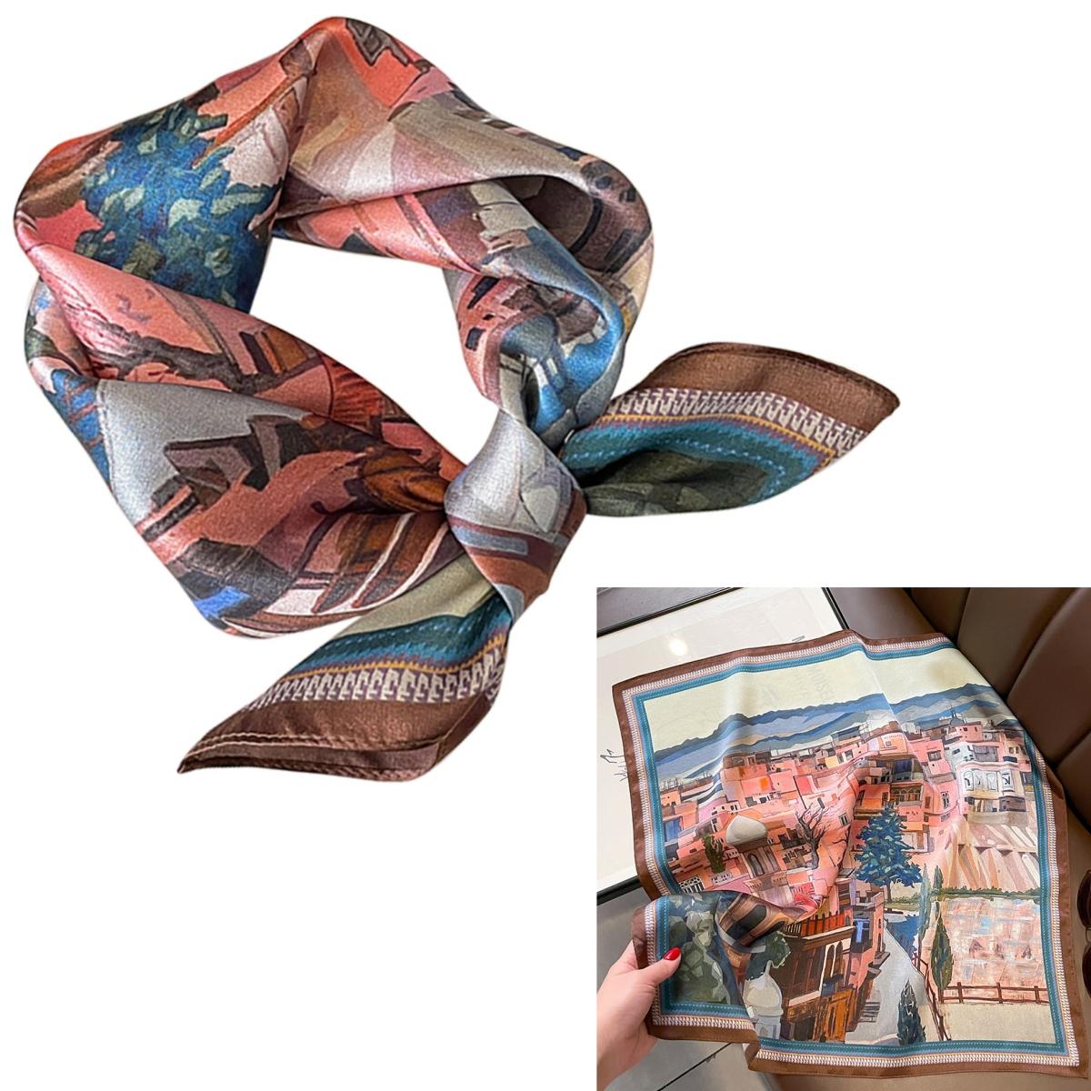 

Women 100% Mulberry Real Silk Scarf 53cm Luxury Kerchief Spring Autumn Neckerchief Brand Oil Painting Chinese & Painting Style