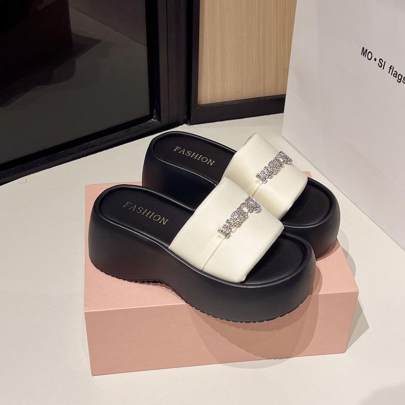 

Rhinestone word with slippers women wear bow thick heel in summer wear cool slippers women 40 бежевый