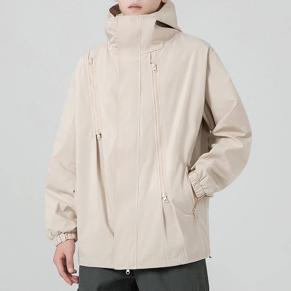 

Autumn New Men s Fashion Jacket Zipper Design Outdoor Hooded Outwear Windproof Solid Color Male Loose Fit Jackets L бежевий