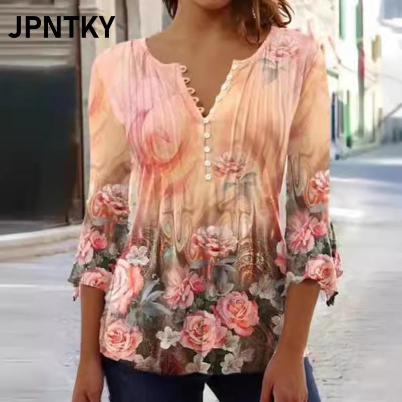 JPNTKY Women's Fashion Casual O-Neck 3/4 SleevesBlouses & Shirts