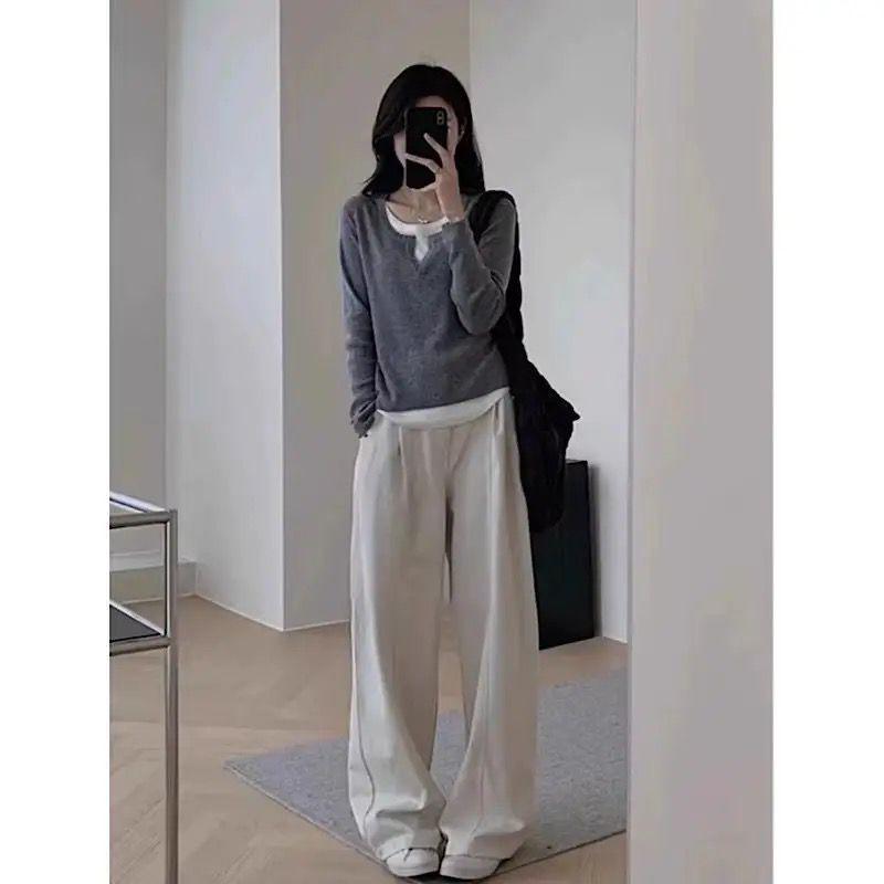 Two-Piece Effect Plus Size Black Long Sleeve T-Shirt - Women's Korean Style Irregular Patchwork Slimming Top