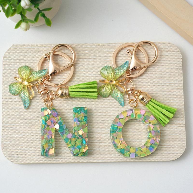 A-Z Initial Letter Keychain Green Butterfly Tassel Letter Charm Bag Pendant Couple Key Holder Pendant For Friend Gifts