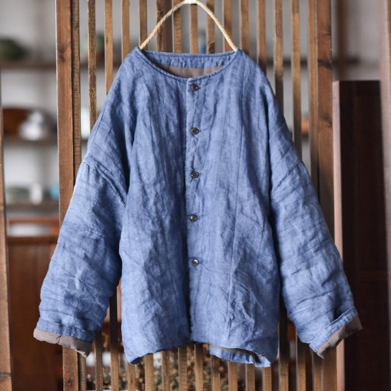 Johnature Women Vintage Parkas O-Neck Long Sleeve Solid Color Spring Coats Button Plus Cotton Chinese Style Parkas