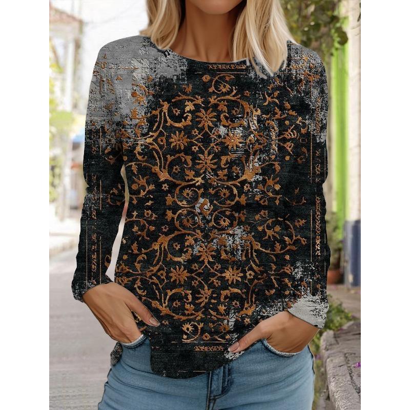 Retro flower pattern 3D printed long sleeved T-shirt