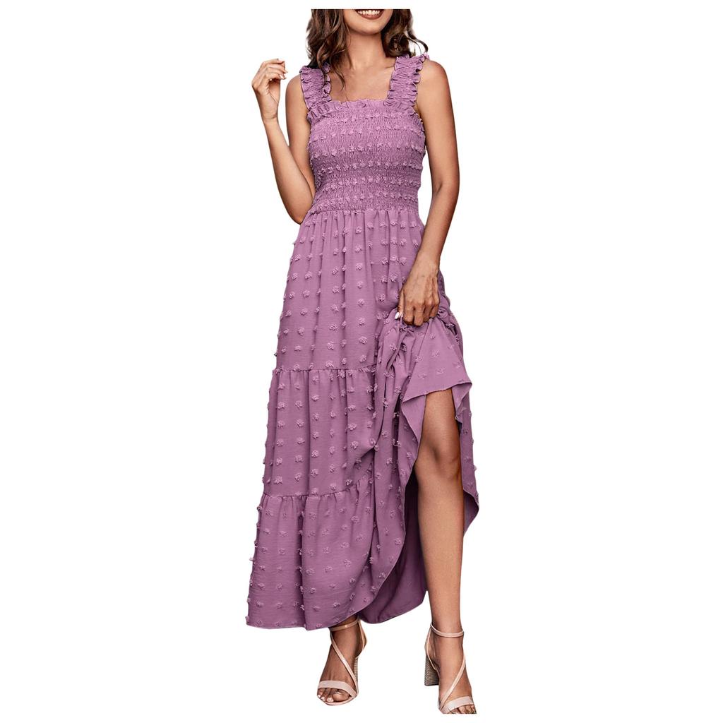 Womens Boho Sleeveless Smocked Maxi Dress Solid Shoulder Strap Dot Tank A-Line Swing Party Tiered Sundress