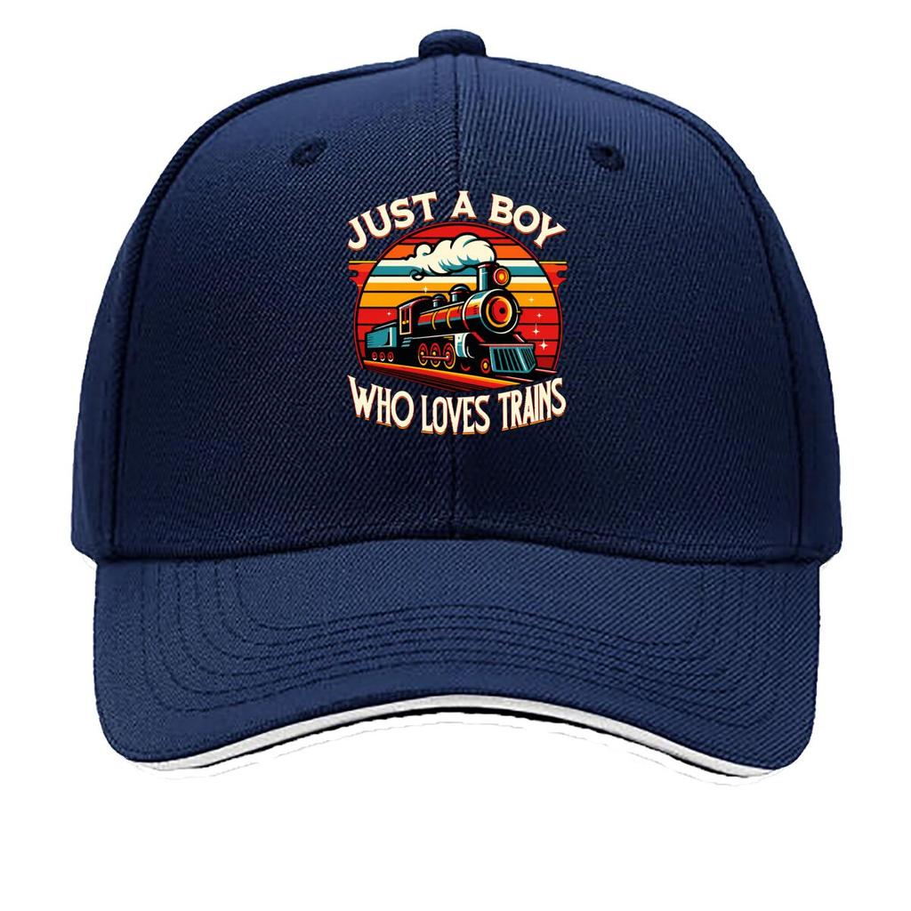 Just A Boy Who Loves Trains Vintage Steam Locomotive Sandwich Baseball Cap Unisex Women Sun Cap Outdoor Workouts Hat