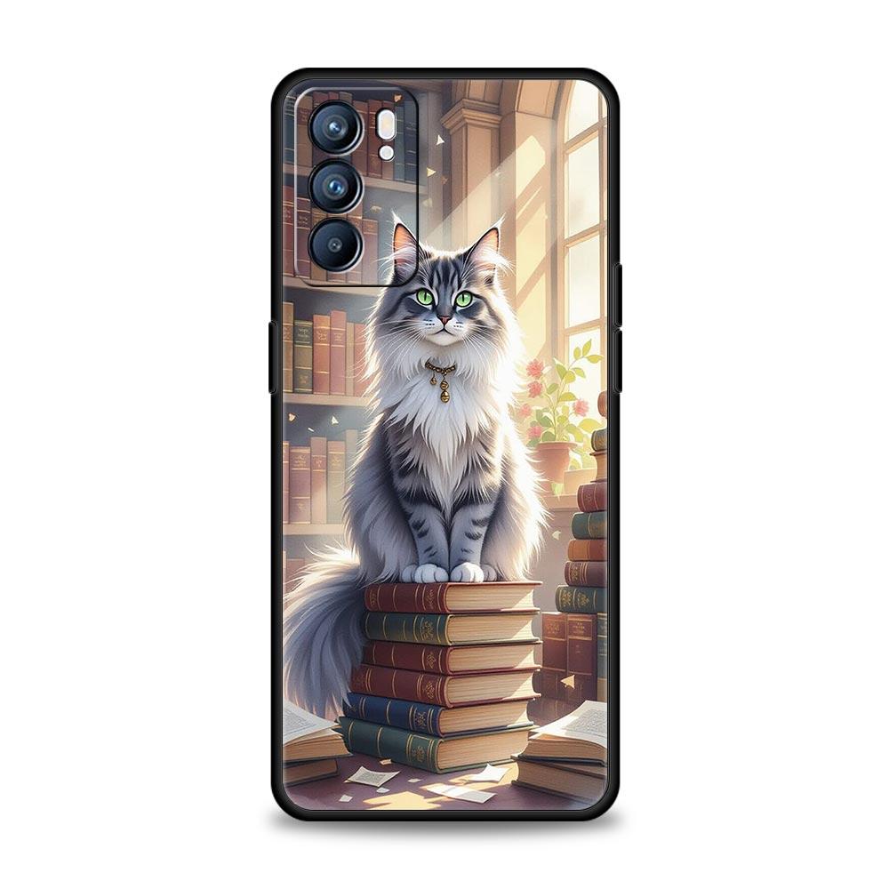 Handyhülle für Oppo A17 A31 A54 A57 A78 A79 Find X5 X6 Reno 7 8 10 11 12 13 F Pro Weiches TPU Niedliches Schmetterling Katze Bücherregal Design