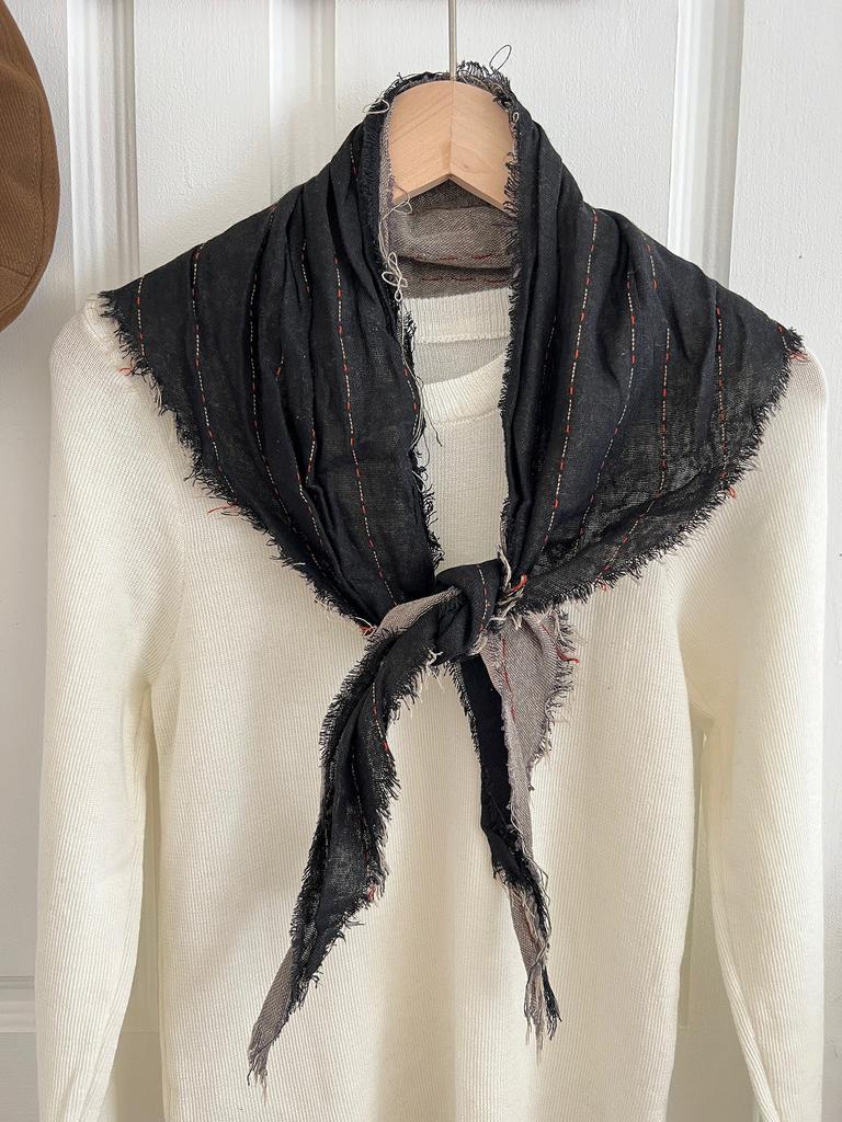 Johnature Vintage Raw Edge Striped Triangle Scarf Women Fall Winter Fashion Warm Two-tone Neck Guard Decoration Head Scarf