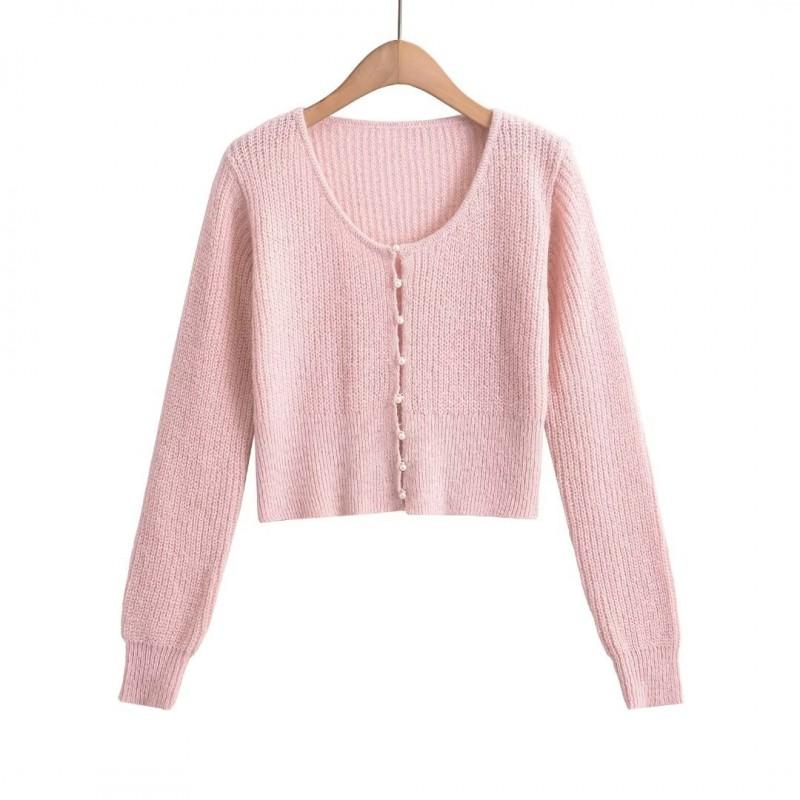 Soft Knit Cardigan Women U-Neck Short Cropped Sweater With Pearl Buttons Mohair Blend