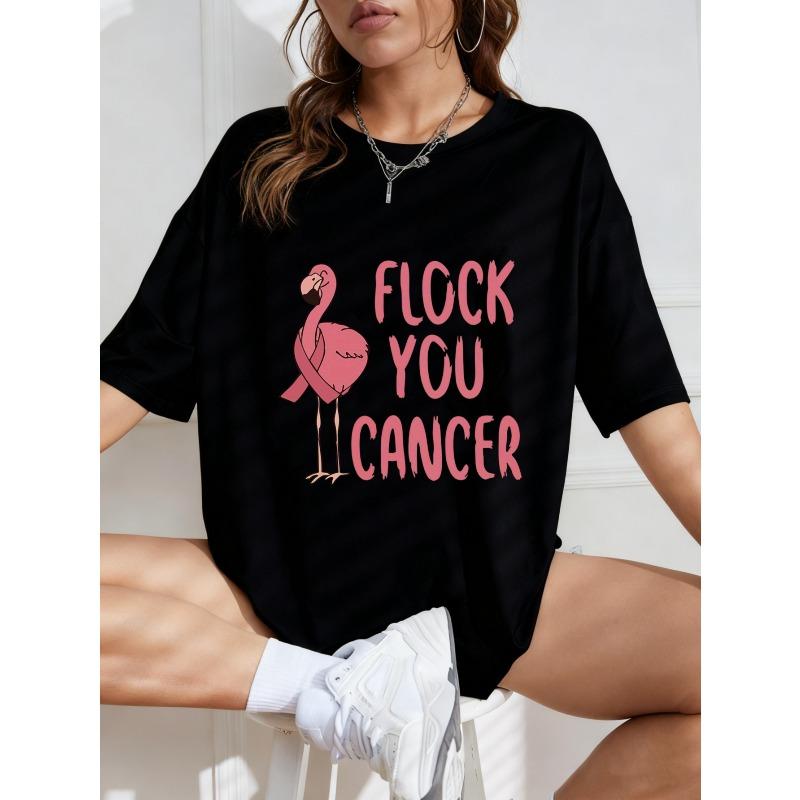 Vintage Oversized T-Shirt mit rosa Flamingo-Print – "FLOCK YOU CANCER" Krebsbewusstseins-Oberteil mit positivem Thema