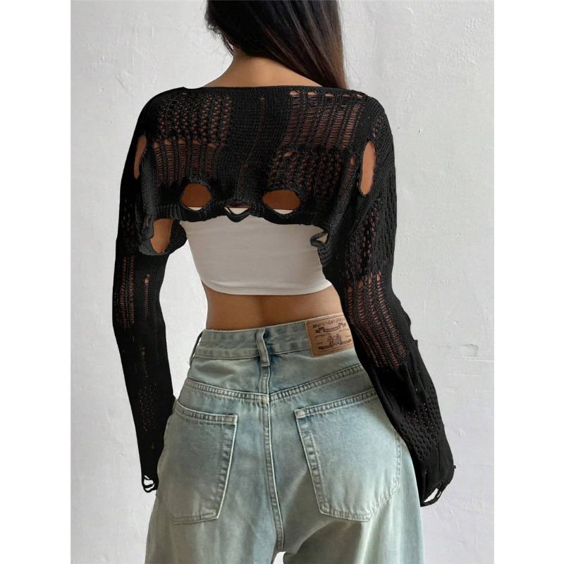 Women S Crochet Hollow Out Long Sleeve Short Knit Sweater
