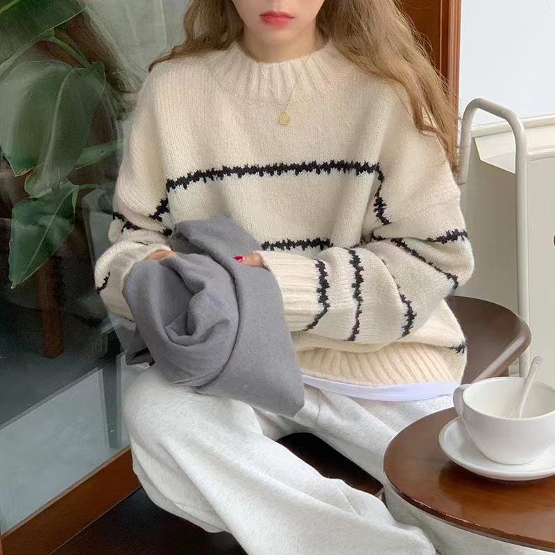 

Lazy wind soft waxy sweater women s autumn and winter new loose striped contrasting color long-sleeved pullover knitted sweater women One size бежевый
