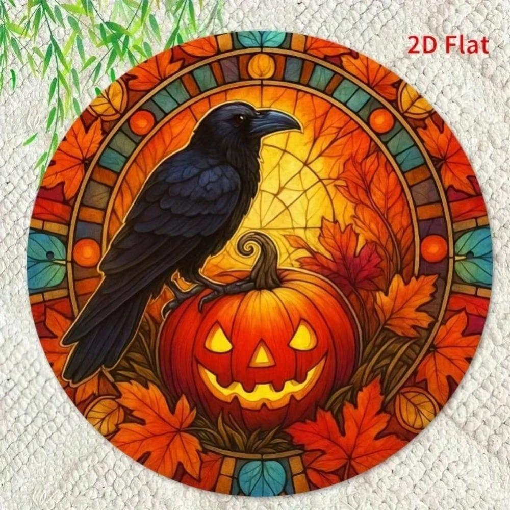 Vintage Iron Wall Art Round Sign Black Bird Pumpkin Autumn Leaves Halloween Home Decor
