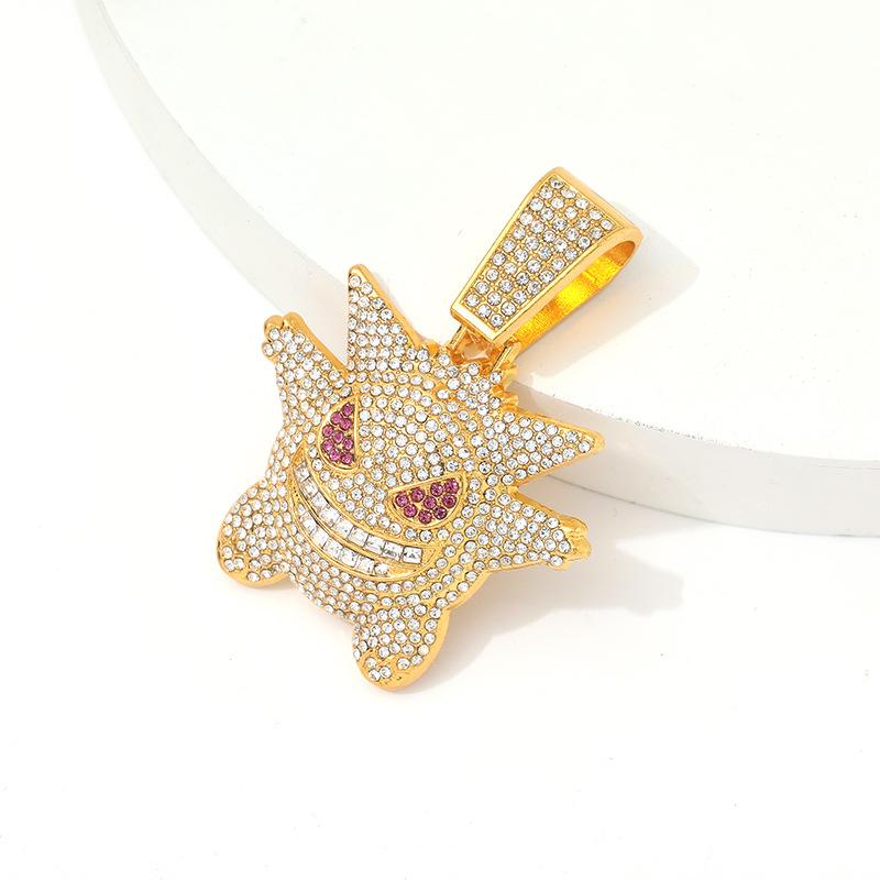 American Alloy Hip Hop Gold Plated Bamboo Chain Crystal Rhinestone Cuban Necklace Large Pendant Trendy Exaggerated Party Jewelry