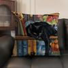 Black Cat Books Cushion Cover Linen Organic Fabric DoubleSided Printing Sofa Breathable Home Decor Gift Pillow Case