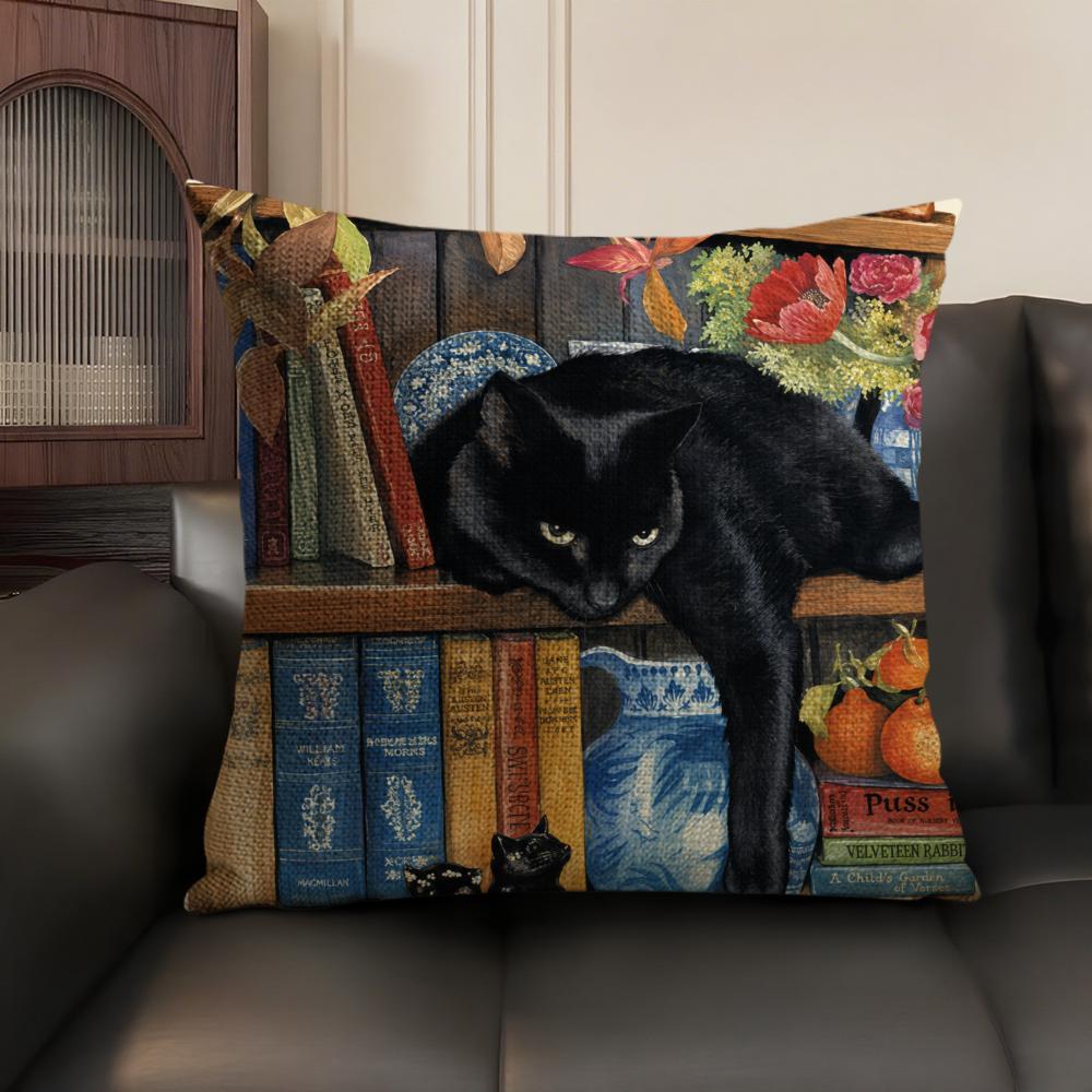 Black Cat Books Cushion Cover Linen Organic Fabric DoubleSided Printing Sofa Breathable Home Decor Gift Pillow Case