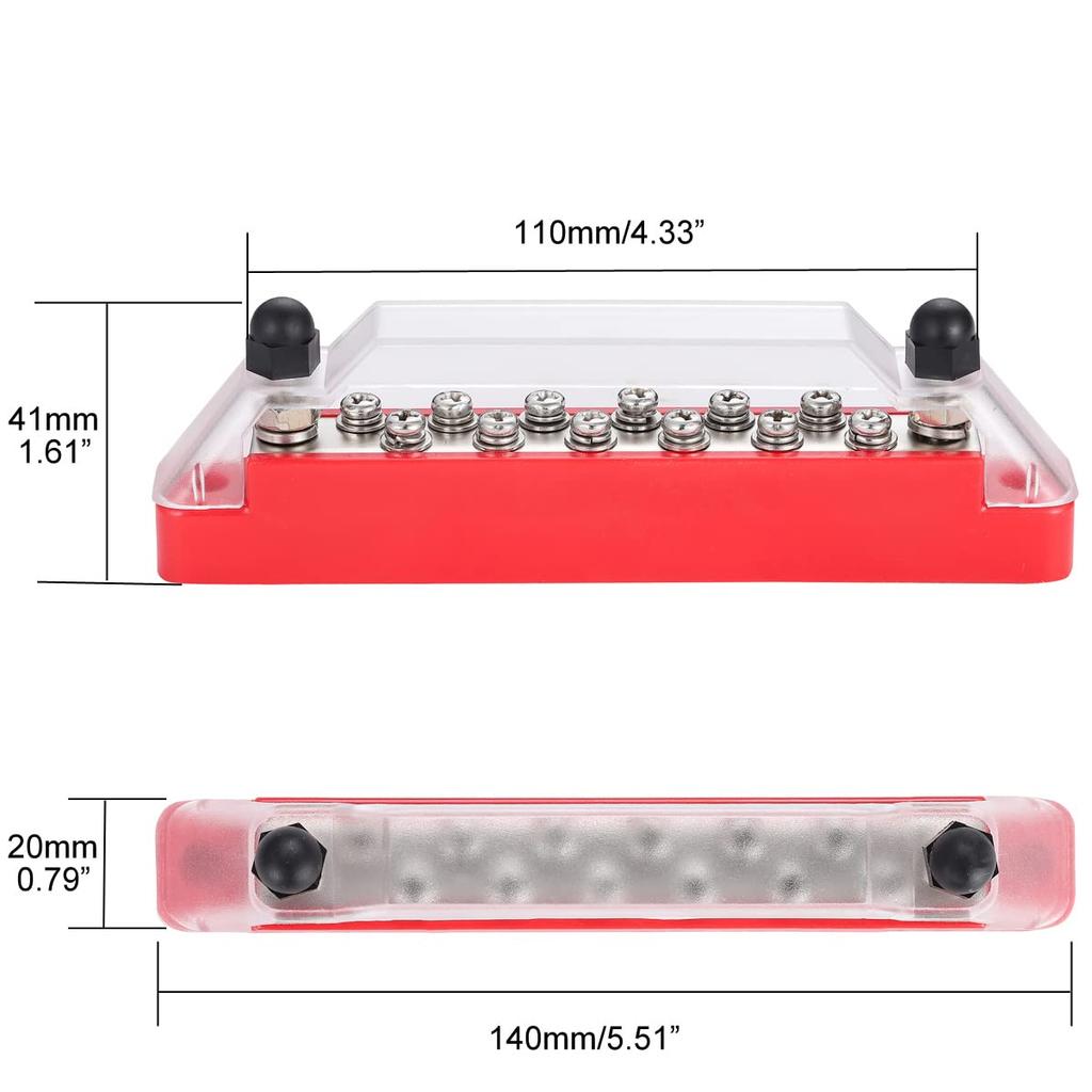 12V Power Distribution Block with 2x 1/4" (M6) Connector Bolts and 12x M4 (#8) Connection Screws Power Rail Connector Block Positive and Negative