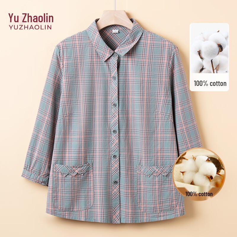YUZHAOLIN Women s 100% Cotton Plaid Three-Quarter Sleeve Shirt L