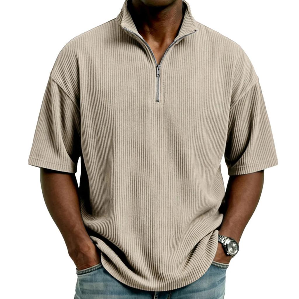 Men's Half,zip T,shirt, Corduroy Short,sleeved Shirt, Summer Loose Casual Color Top