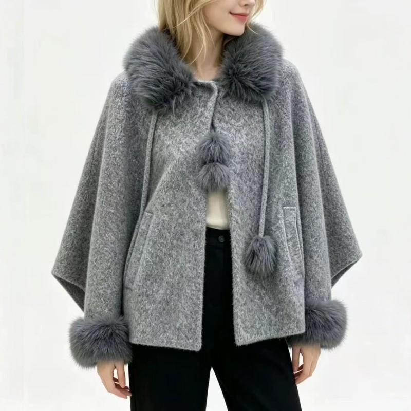 Womens Oversized Hooded Cape Coat Faux Wool Blend Winter Fall Outerwear With Fur Collar