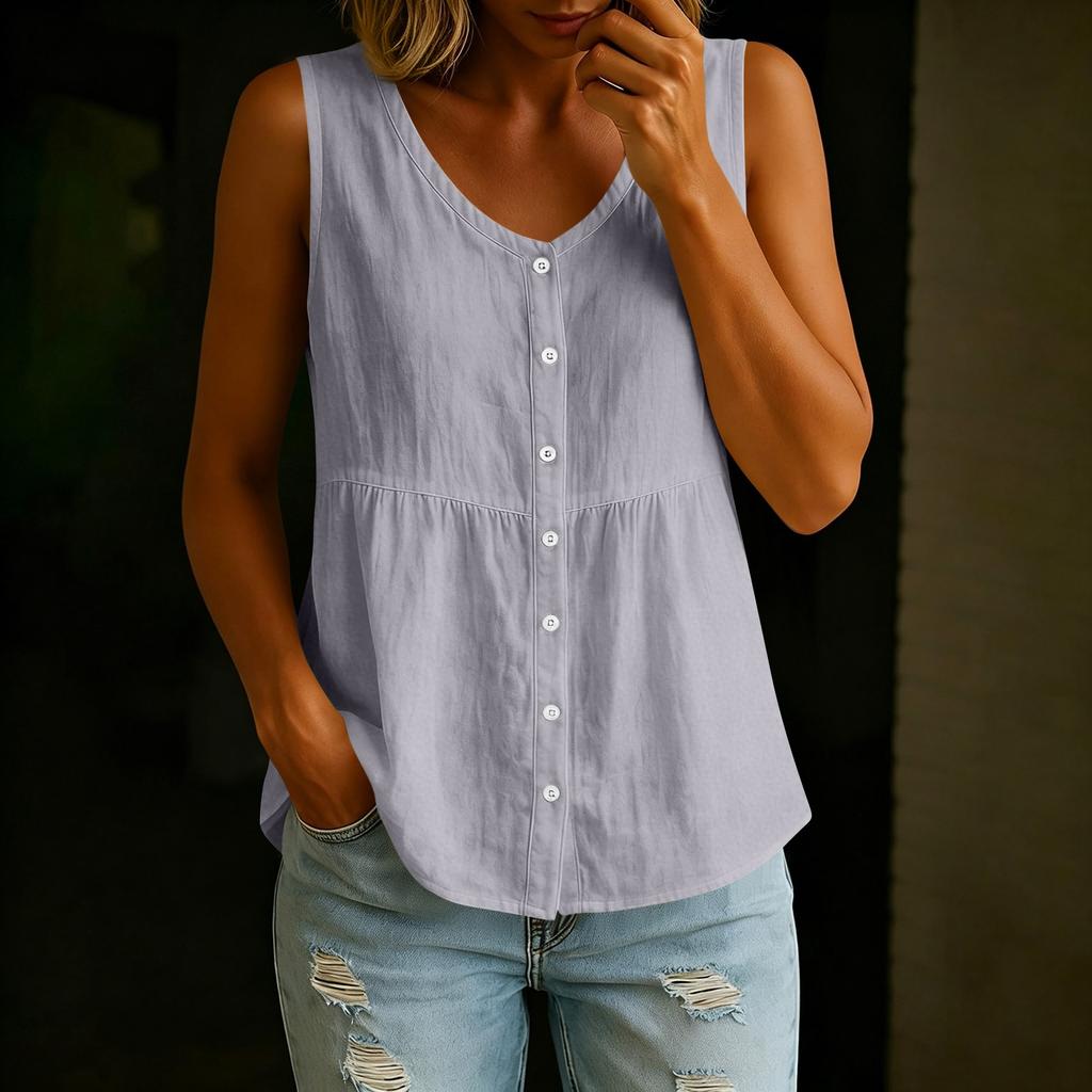 Women’s V Neck Button Front Sleeveless Loose Fit Casual Summer Blouse Top Relaxed Style Lightweight Comfortable Shirt