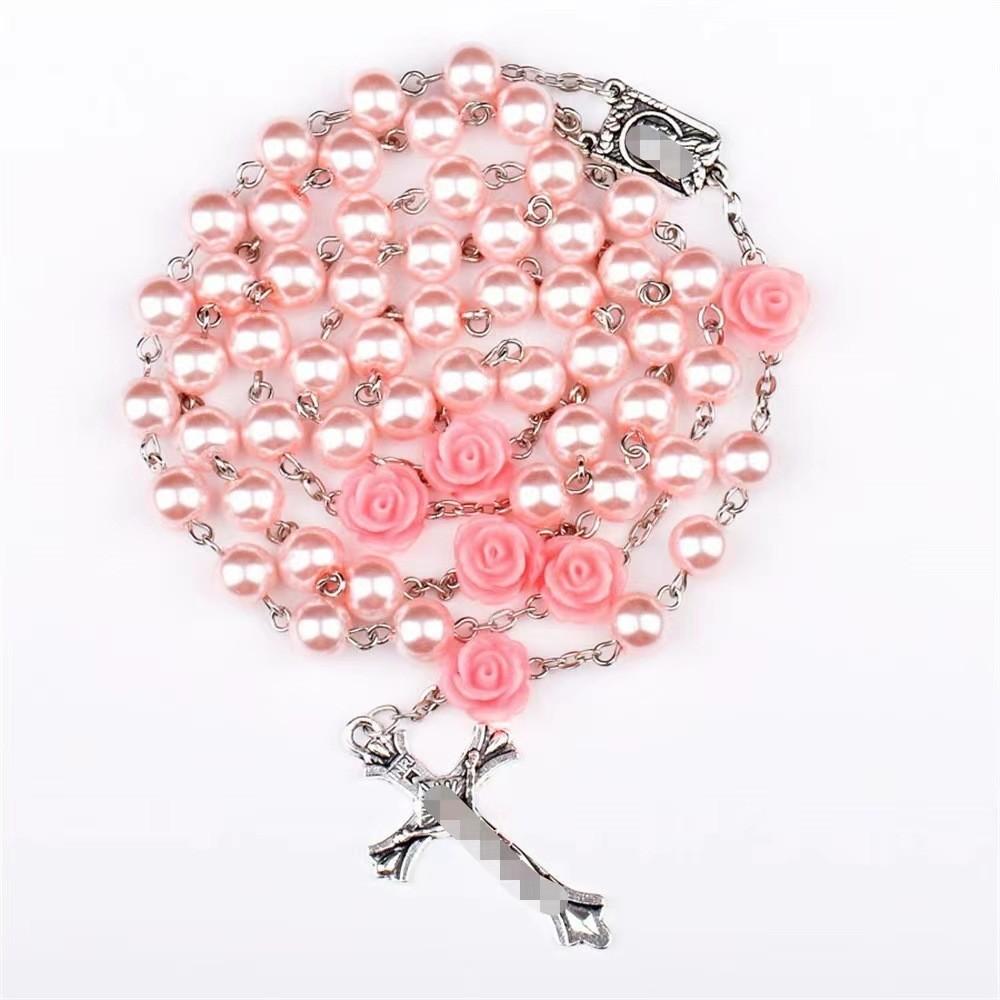 Roses Women Round Bead Necklace Cross Pendant Alloy Material Valentine Gift Day