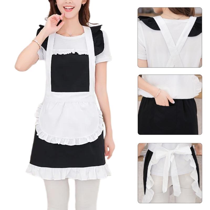 Halloween Maid Apron Costume Princess Maid Apron Women Kitchen Apron for Cooking Baking Princess Maid Apron with Pocket