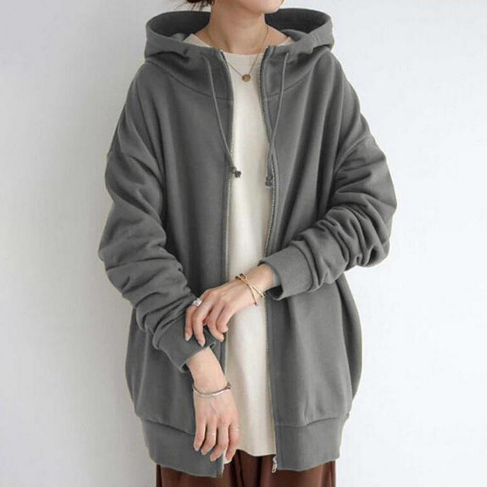 Womens Zip Up Long Hoodie Jacket with Drawstring Tunic Sweatshirt One Tone Open Front Cardigan Autumn Winter Hooded Pullover