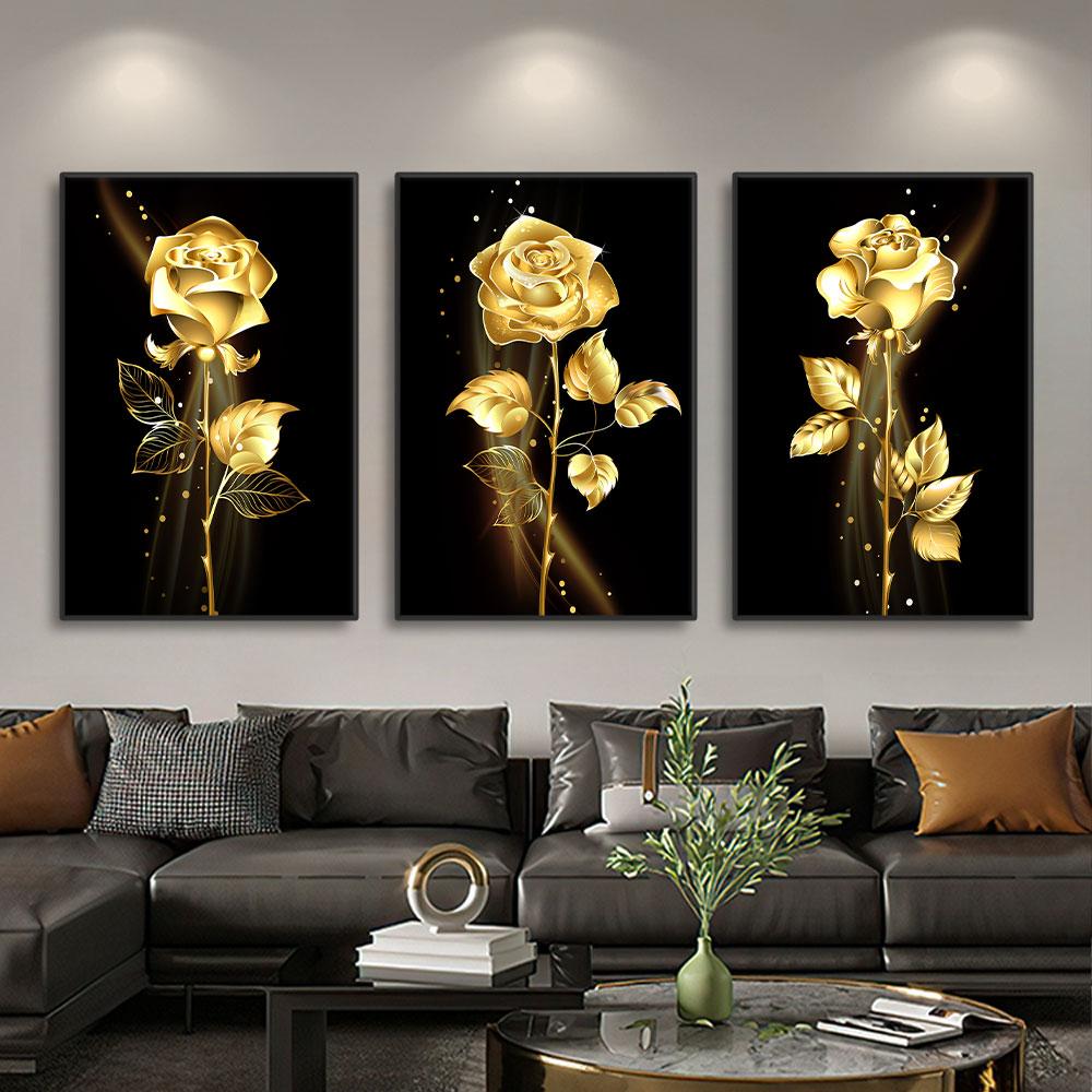 3 Stück Gold Rose Blume Schwarze Leinwandbilder Nordisch Modern Wohnzimmer Wandkunst Dekorative Bilder Wandkunst Poster Drucke
