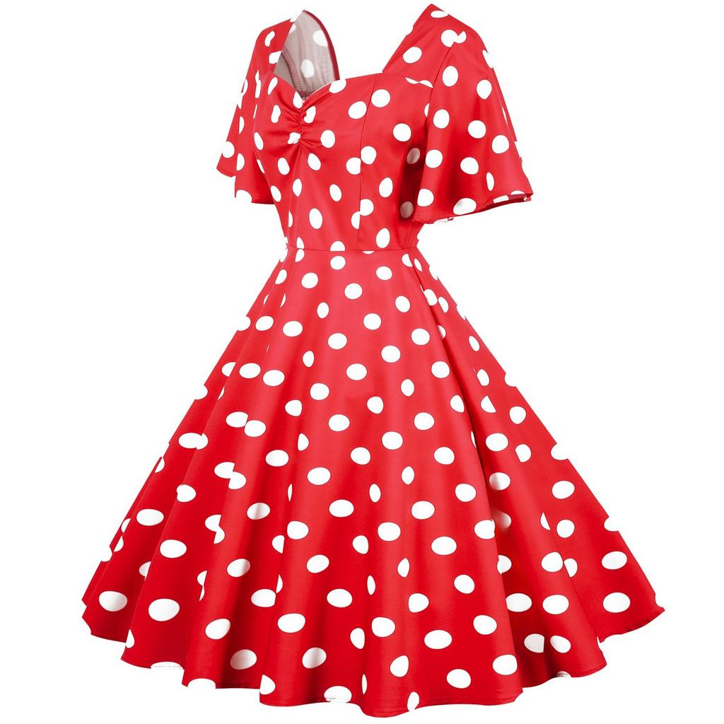 Women's Retro Travel Hem Short Sleeve Polka Dot Mid-Length Hem Dress