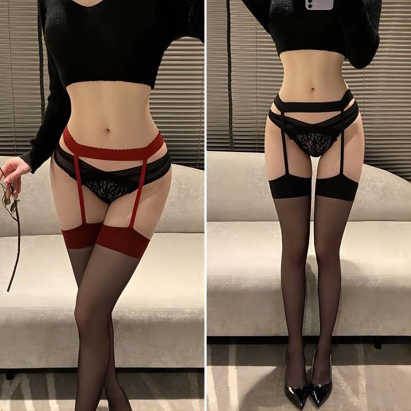 Seductive Black Silk Open Crotch Lingerie Stockings with Garter - Perfect for Midnight Passion