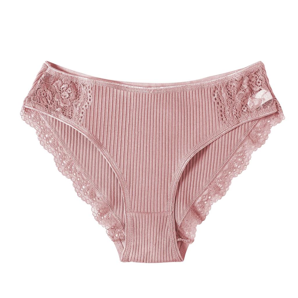 Einfarbige Damenunterwäsche aus Baumwolle mit Spitzenkanten und mittlerer Taille, dreieckige Hose, sexy Slips, Damenhöschen