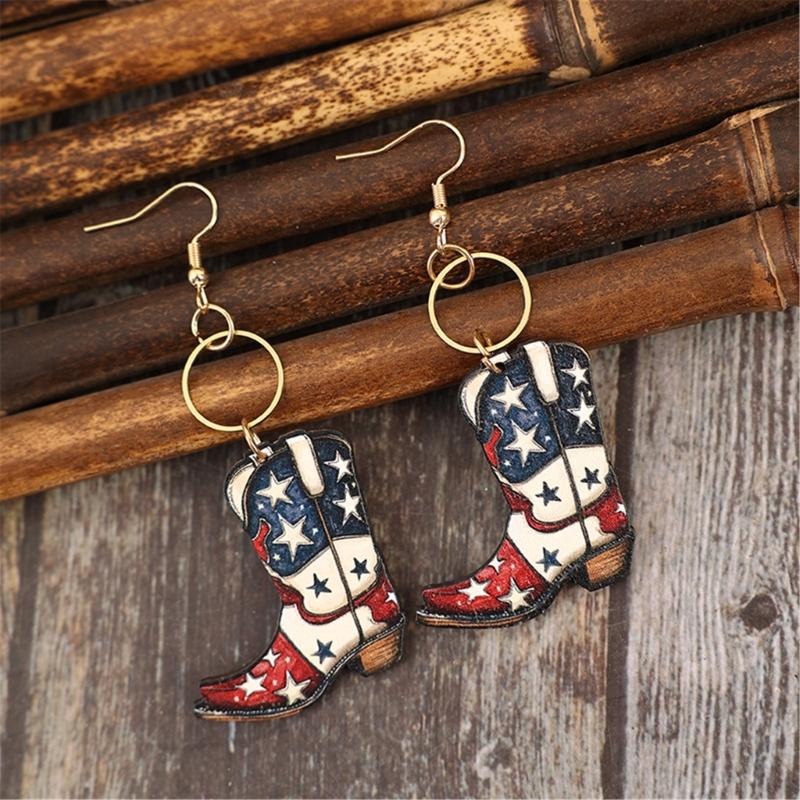 Vintage Inspired Star Print Wood Earrings Portable Accessory for Independence Day and Festive Occasions Casual Wear