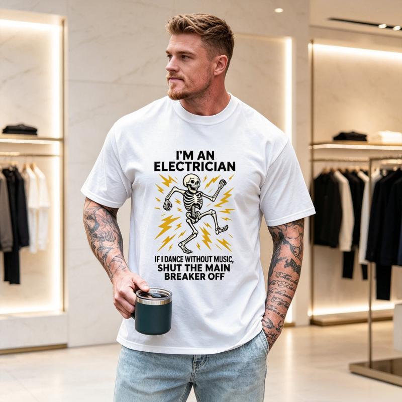 Funny Electrician Print Unisex Tee Shirt Dancing Skeleton Electrician Graphic Top,oversize Tshirt,Daily Casual Streetwear Gifts
