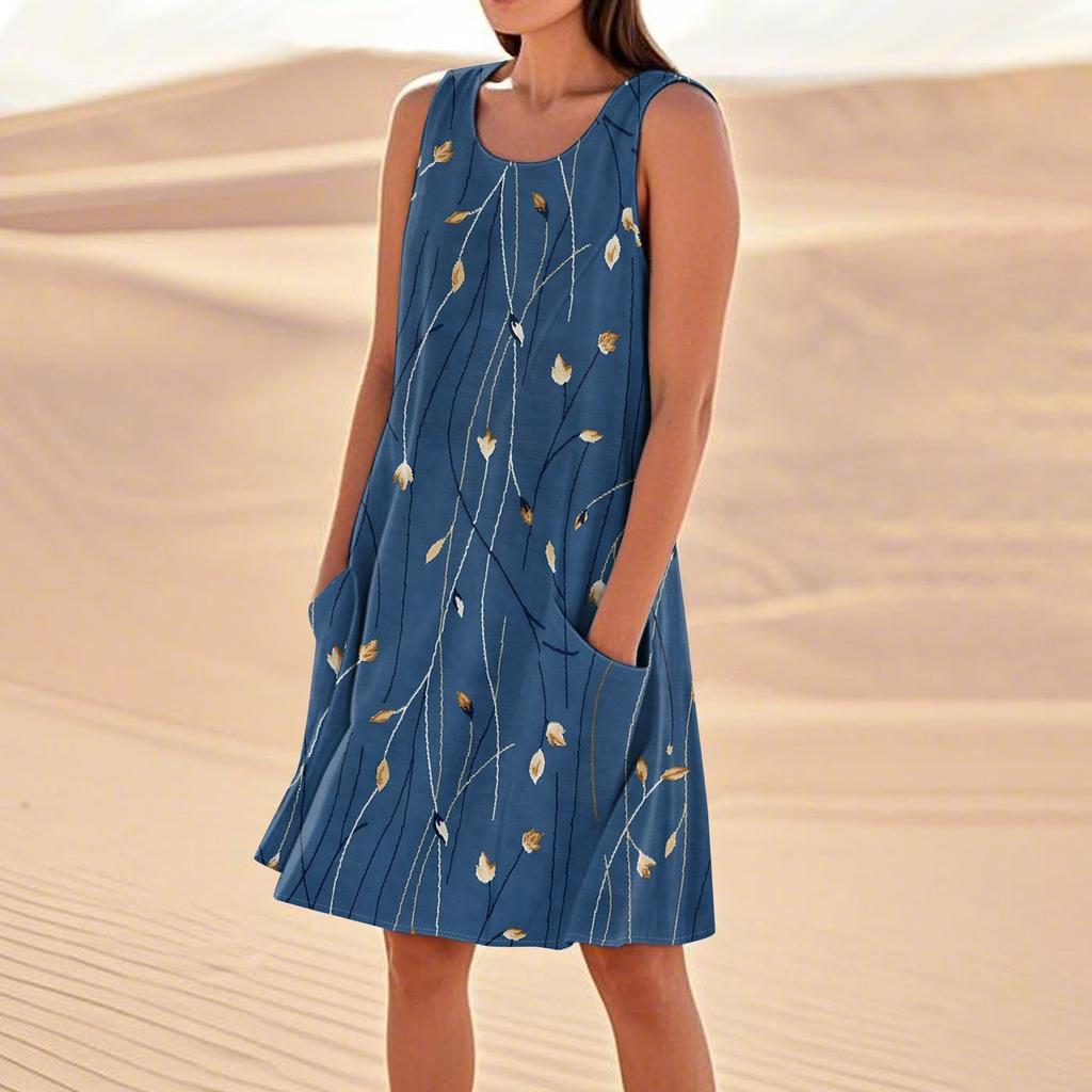Sommerkleider für Damen, lockerer Strandurlaub, lässig, ärmellos, Sommerkleider mit Taschen, Tankkleid