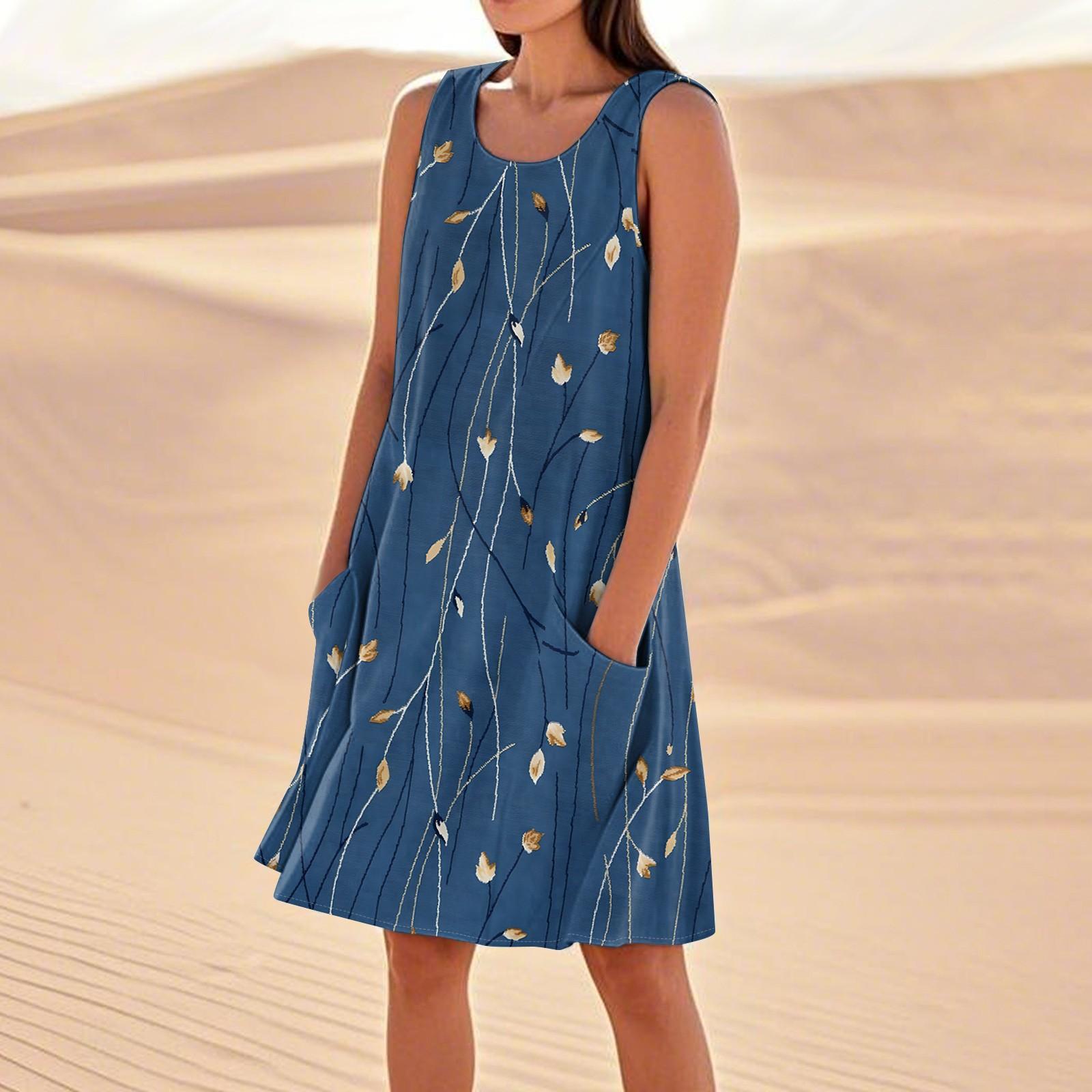 

Летние платья для женщин, свободные пляжные повседневные сарафаны без рукавов с карманами, платье-майка L синий