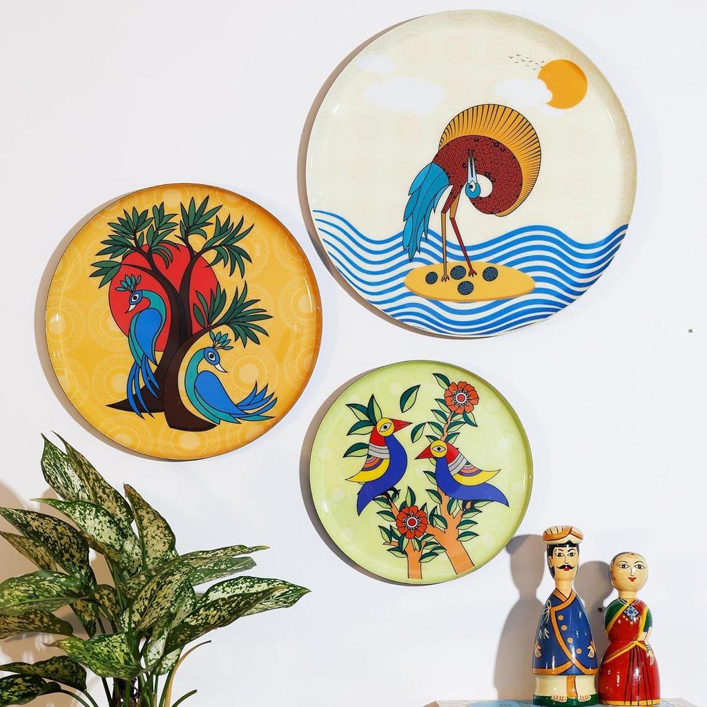 Metal Decorative Wall Plates | Home Decoration | Worli Art Design | Living Room Wall Decoration | Décor Items | Gift Items (Multicolour) (Set of 3)