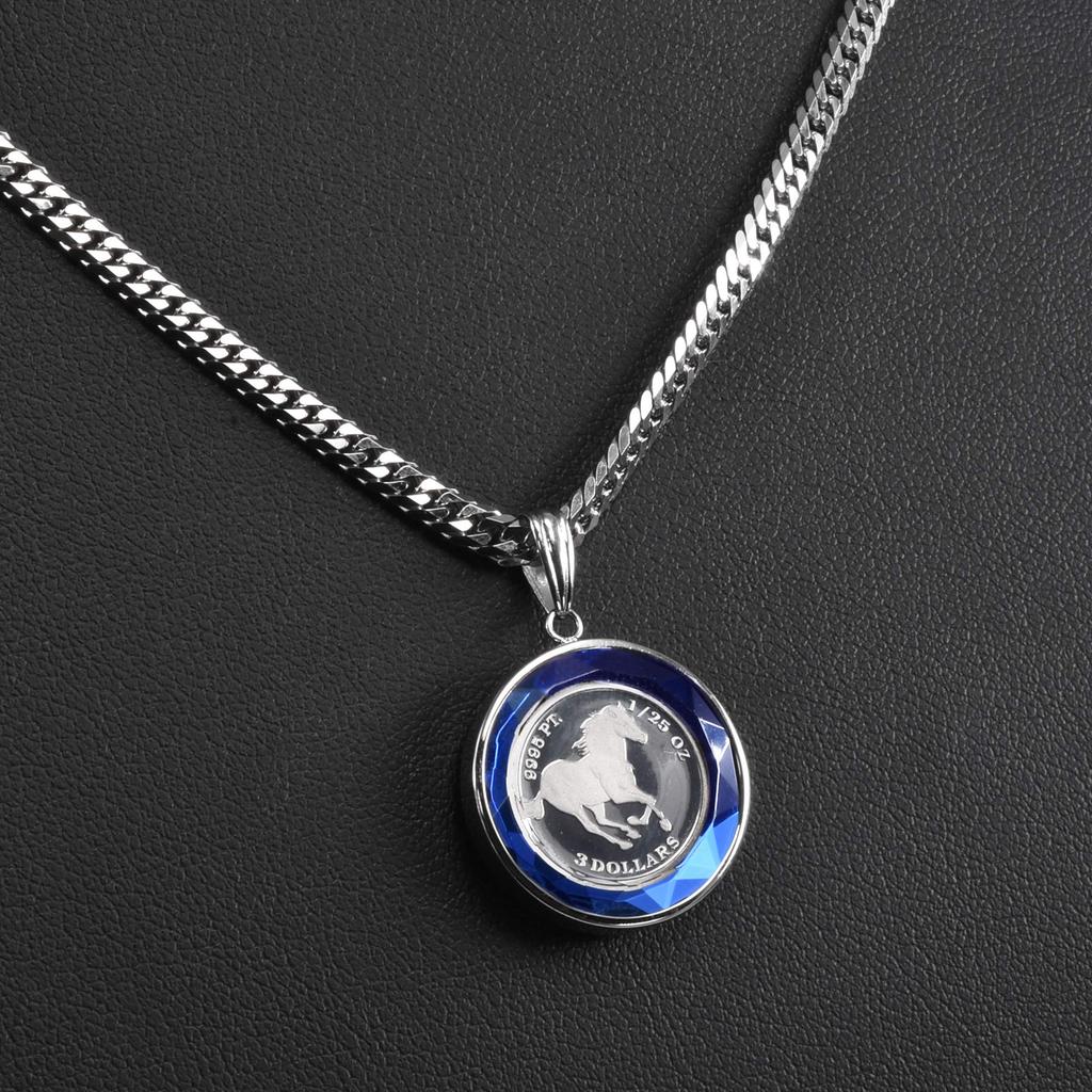 Pt999 Pure Platinum Coin Pendant Tuvalu Horse Pt900 Frame Cut Glass Blue Engraved [SPERANZA] 1/25oz
