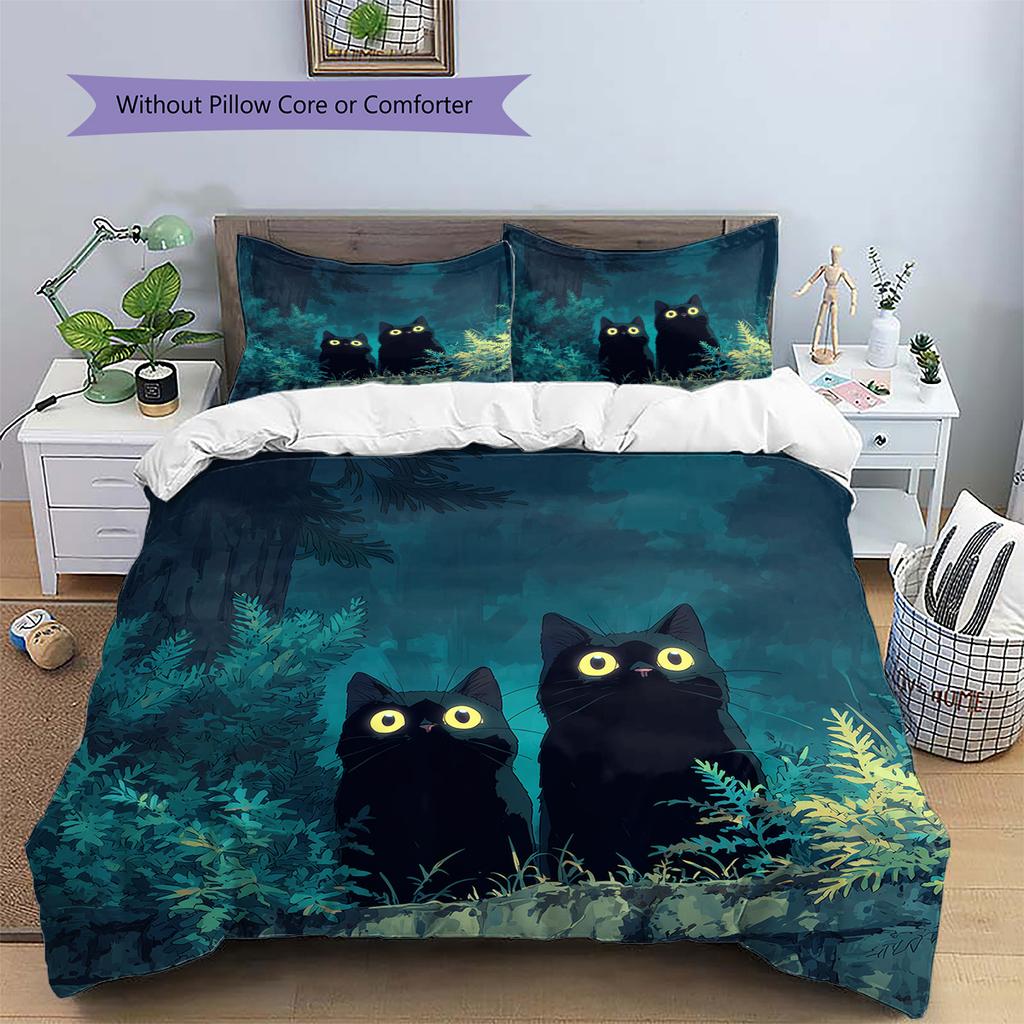 Black Cat at Night Pattern Bedding Quilt Set  Home Decoration  Gift (1 * duvet cover + 2 * pillowcase  without core)