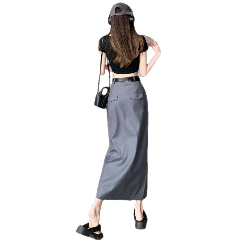 2023 Spring Women's High-Waist A-line Split Midi Skirt - Slimming, Long, Casual Bodycon Skirt