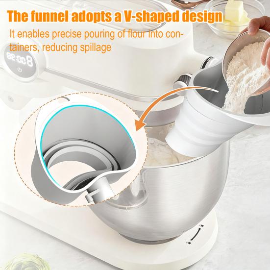 Silicone Flour Funnel for KitchenAid 5-Qt Mixer Flexible Collapsible Mess-free Pouring Funnel with 30-degrees Angled Spout Professional Baking Tool