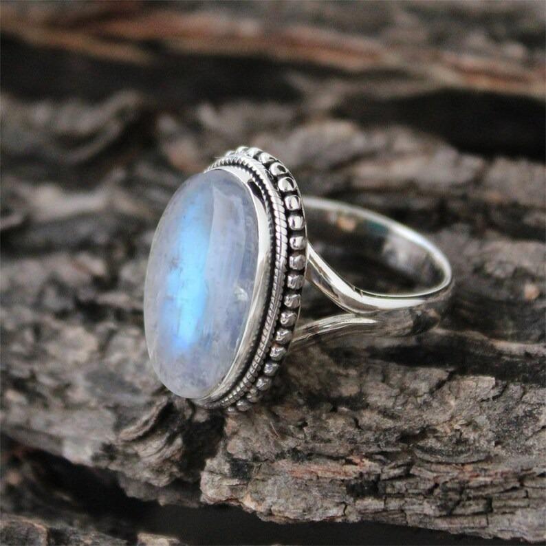 Rainbow Moonstone Gemstone Ring, Oval Ring, Christmas Valentine Gift, Boho Jewelry, 925 Silver Ring