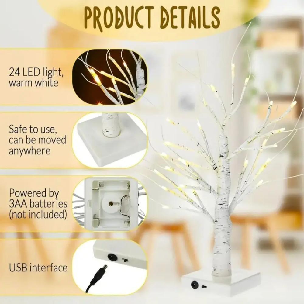 24 LED Easter tree, birch tree adjustable branches 3AA and USB power supply, bedroom decorative tree light 60cm