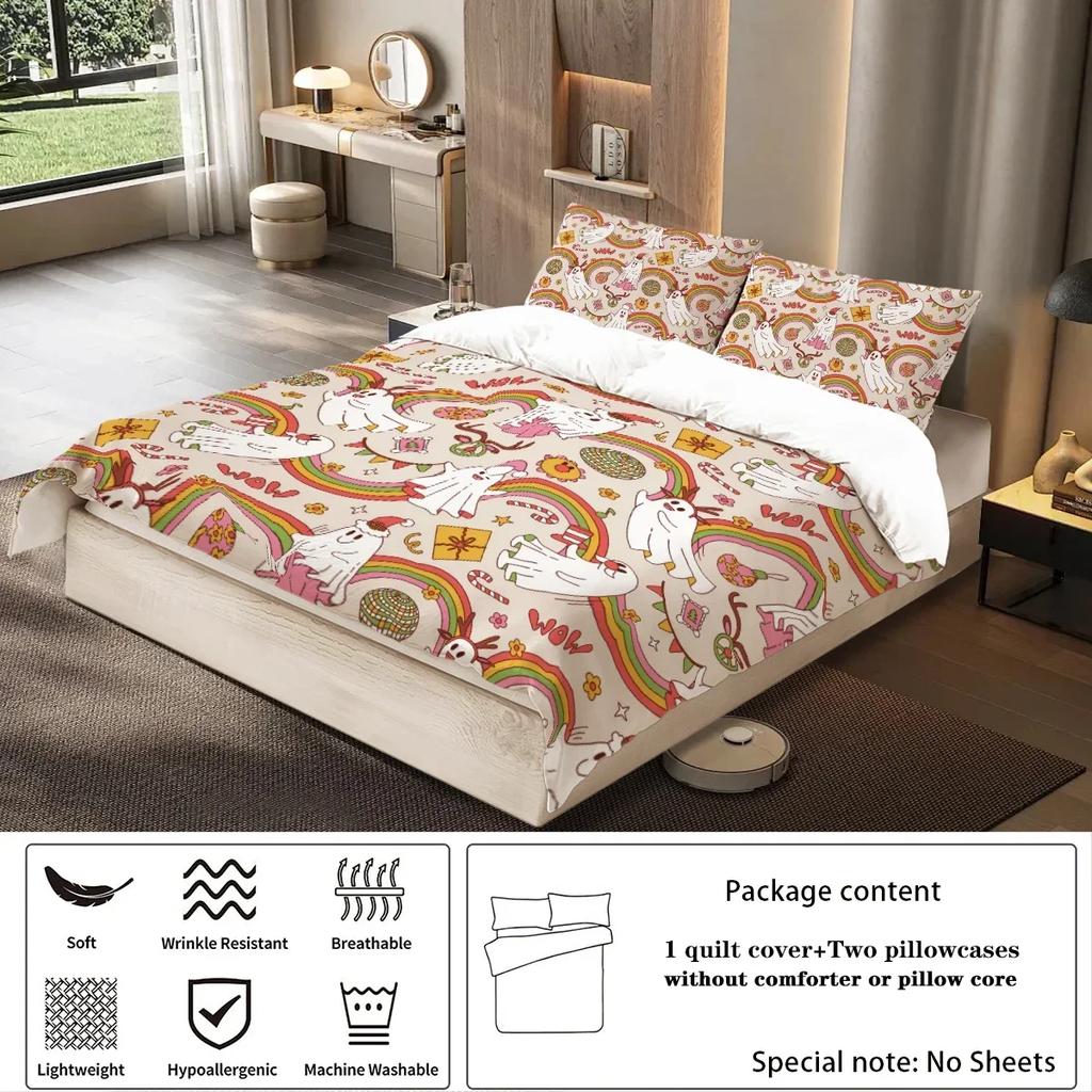 3-piece down duvet cover with Halloween theme cute ghost pattern print (1 duvet cover+2 pillowcases, no core) bedding set